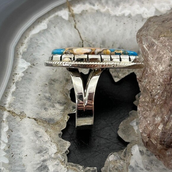 Sterling Southwestern Style Teardrop Turquoise Spiny Oyster Ring Sz 10 For Women - Picture 6 of 10